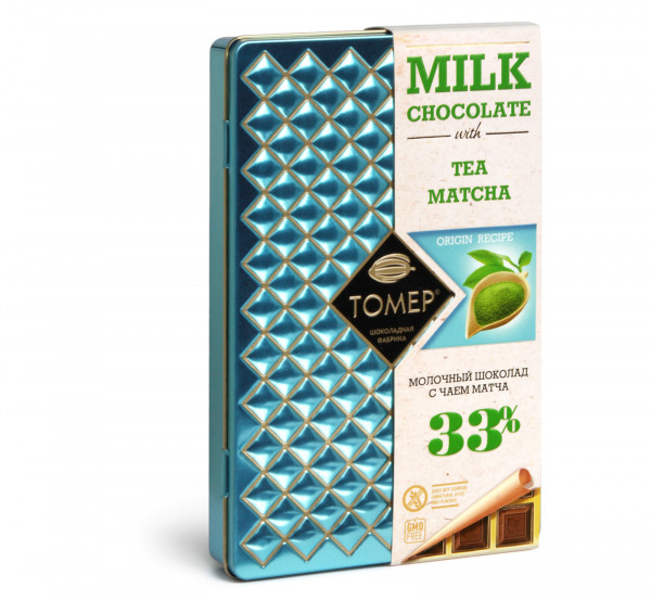 №1 Фабрика Томер металлический бокс Молочный шоколад с чаем МАТЧА ,33%  90г в Пензе